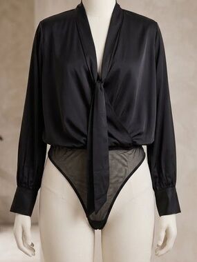 PeachPuff Bodysuit Black Satin Tie-Front Mesh Snap Thong Faux Wrap Button Cuff L